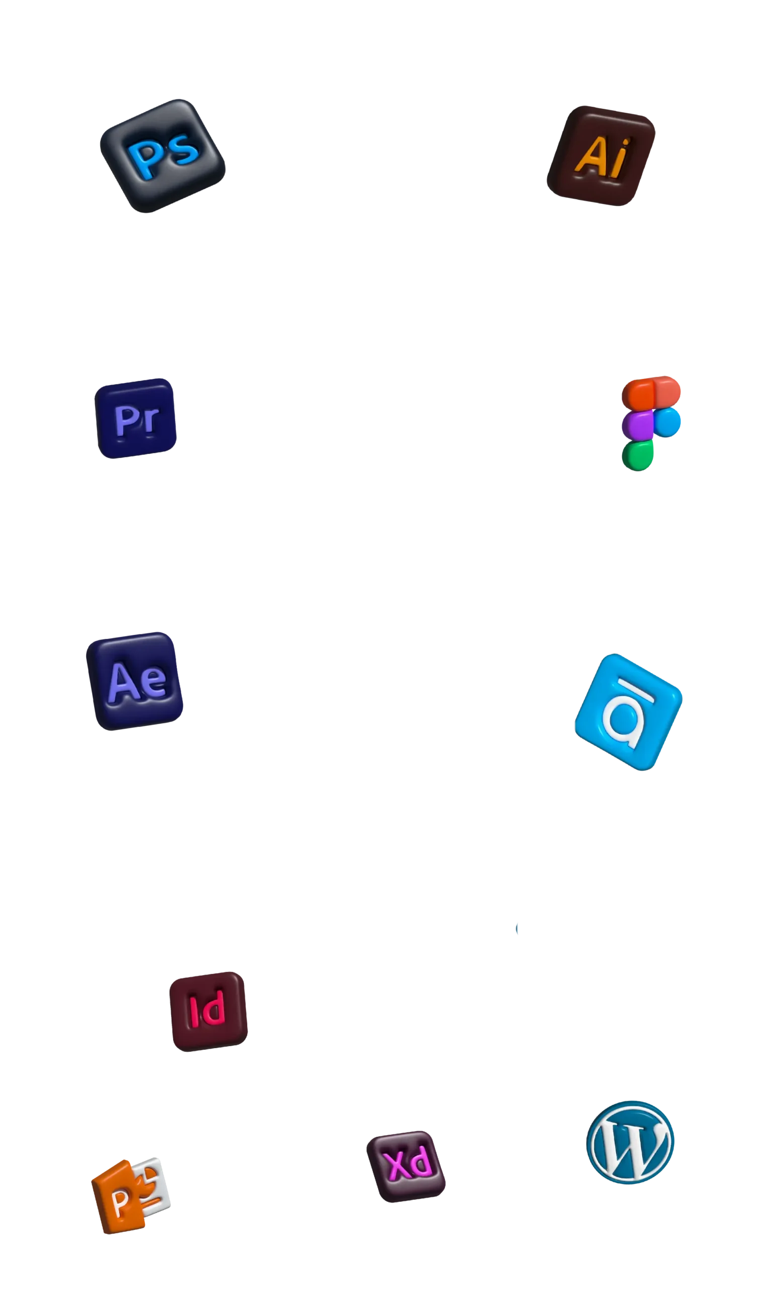 La imagen está compuesta por logos 3D flotantes de programas de diseño populares, como Adobe Premiere Pro (Pr), Photoshop (Ps), Illustrator (Ai), InDesign (Id), After Effects (Ae), XD, Figma y WordPress. Representa las herramientas de software utilizadas en diseño gráfico y digital.
