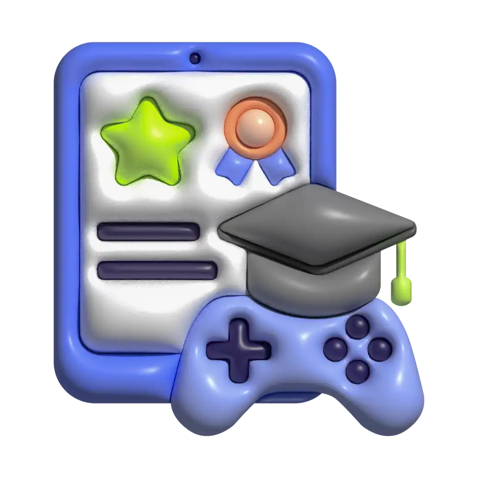 Un icono 3D de una tableta con un diploma, una estrella y un birrete académico, junto a un control de videojuegos. Representa los cursos interactivos.