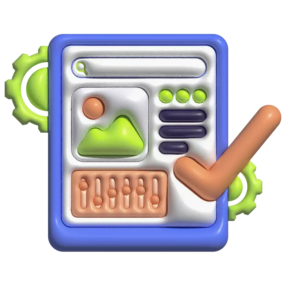 Un icono 3D que muestra una interfaz de aplicación con un campo de búsqueda, una imagen de montaña, controles de ajuste y una mano que manipula un engranaje. Representa el diseño UI/UX.