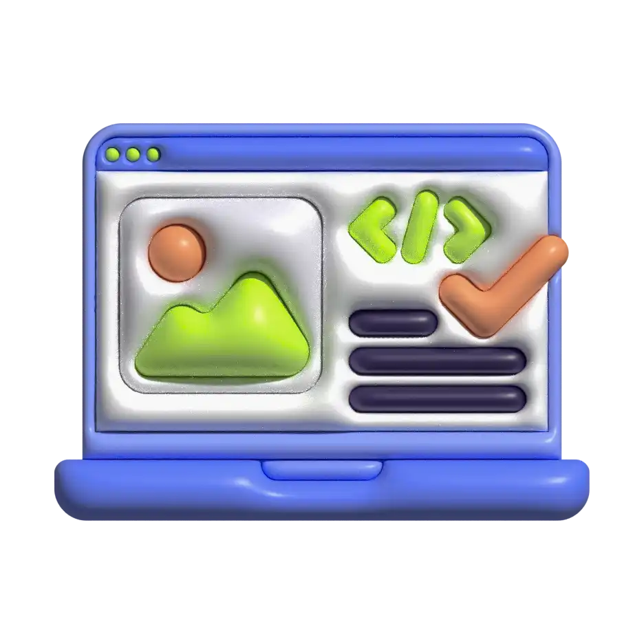 Un icono 3D de un portátil con una pantalla que muestra una imagen de una montaña, un símbolo de código , y una marca de verificación. Representa el servicio de diseño y desarrollo web.