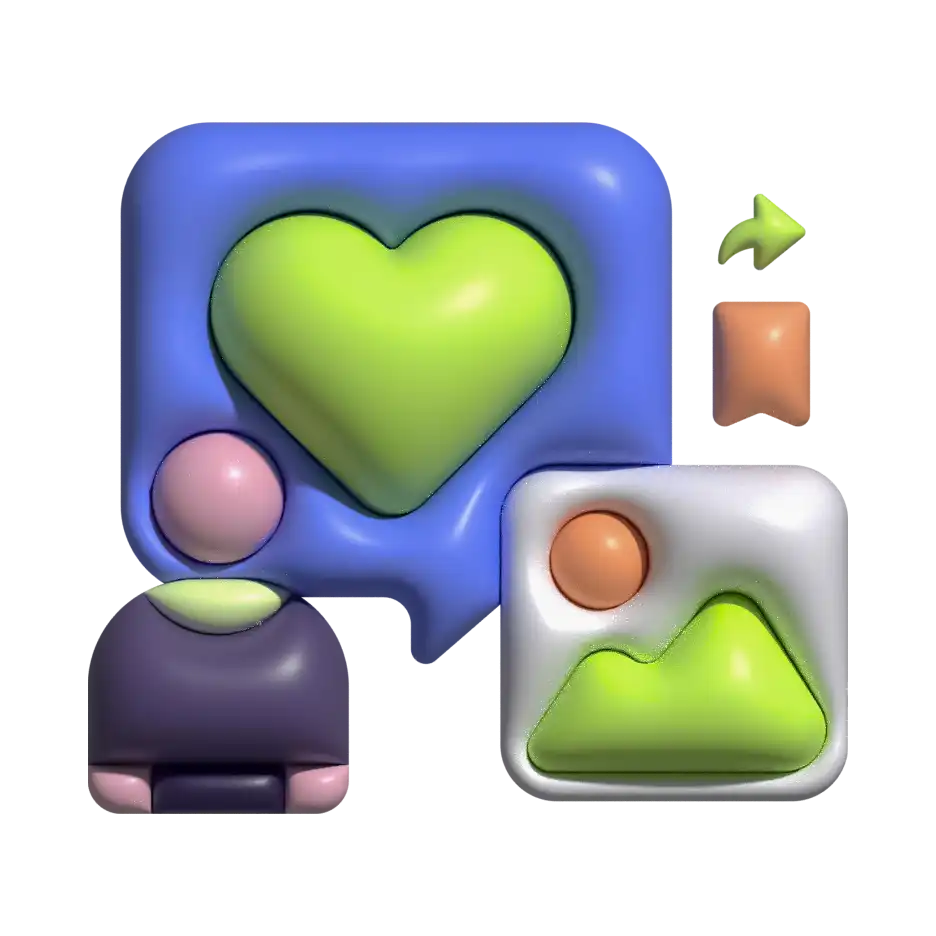 Un icono 3D de dos burbujas de chat. Una tiene un gran corazón y la otra una imagen, con iconos de "compartir" y "guardar". Representa el diseño de contenido para redes sociales.