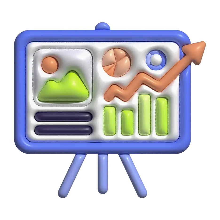 Un icono 3D de un pizarrón de presentación con un gráfico de barras, un gráfico circular, una flecha de crecimiento y una imagen de una montaña. Representa el diseño de presentaciones.