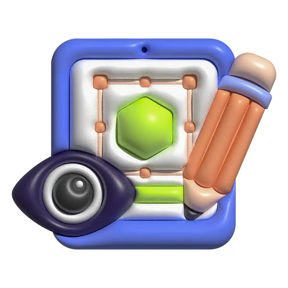 Un icono 3D de una tableta que muestra un polígono dentro de un marco de edición, junto a un ojo y un lápiz. Representa el diseño de identidad de marca.