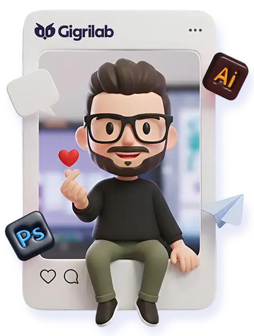 Una ilustración 3D de un hombre barbudo con gafas, vestido de negro, haciendo un gesto de mini corazón con la mano, que sostiene un corazón rojo flotante. Está sentado dentro de un marco de aplicación de redes sociales. Alrededor hay íconos flotantes de Photoshop (Ps) e Illustrator (Ai), y el logo de Gigrilab en la parte superior. Representa la presencia y experiencia laboral de Gigrilab en redes sociales y diseño.